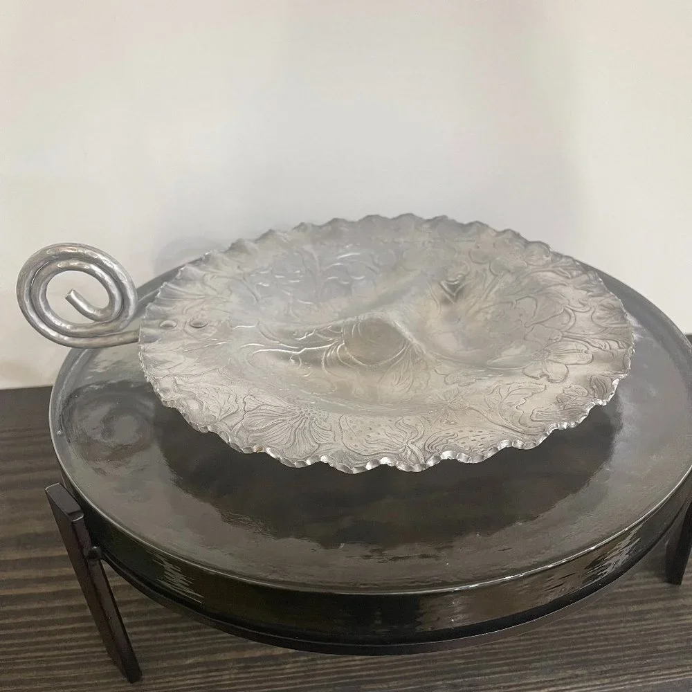 Vintage Hand finished Aluminum round 9” Vintage Tray Embossed Design w/handle